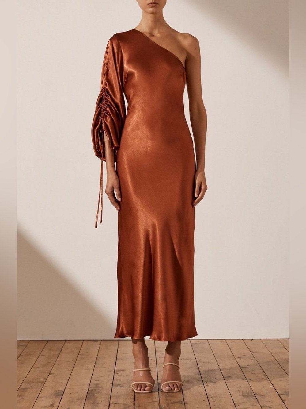 Shona Joy Sophia One Shoulder Maxi Dress Gown Rust Copper Size US 8